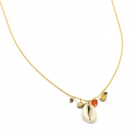 Brass Gold Plated Smoky, Carnelian, Grey Chalcedony Gemstone With Shell Pendant Necklaces- A1N-5471