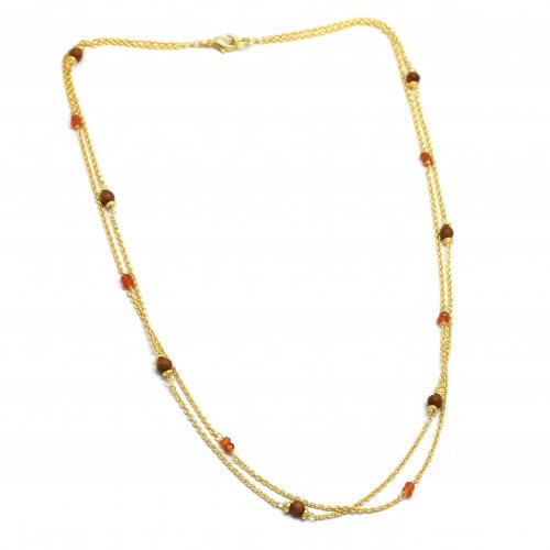 Brass Gold Plated Wooden Beads With Carnelian Gemstone Chain Necklaces- A1N-5604