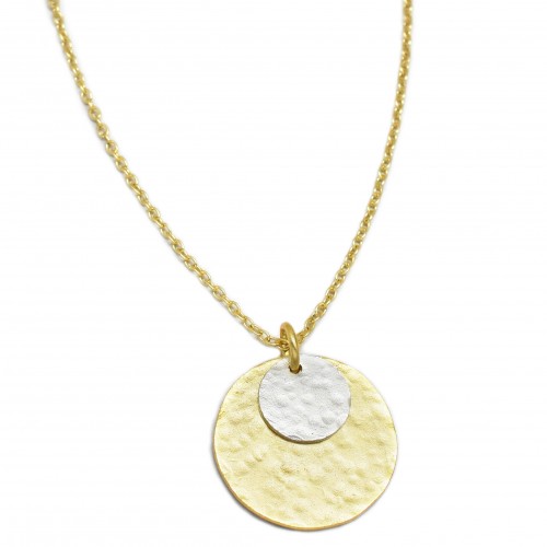 Brass Gold, Silver Plated Hammered Round Disc Pendant Necklaces- A1N-566