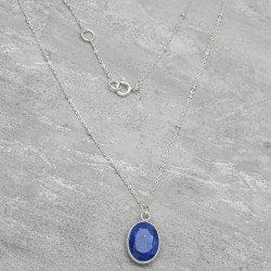 925 Sterling Silver Silver Plated Blue Sapphire Gemstone Pendant Necklaces- A1N-5903