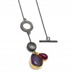 Brass Black Rhodium, Gold Plated Amethyst, Ruby Gemstone Pendant Necklaces- A1N-6038