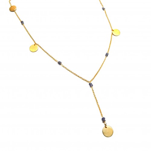 925 Sterling Silver Gold Plated Iolite Gemstone With Round Metal Disc Necklaces- A1N-608