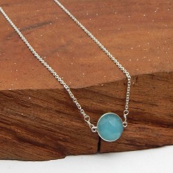 Brass Silver Plated Aqua Chalcedony Gemstone Pendant Necklaces- A1N-6085