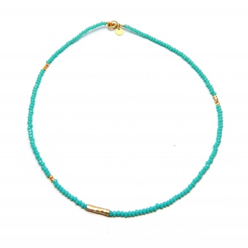 Brass Gold Plated Aqua Chalcedony Gemstone Beaded Necklaces- A1N-700