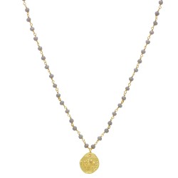 Brass Gold Plated Grey Chalcedony Gemstone One Line With Charms Necklaces- A1N-764