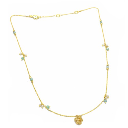 925 Sterling Silver Gold Plated Amazonite, Pearl Gemstone With Flower Pendant Necklaces- A1N-8689