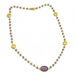 Brass Gold Plated Smoky, Amethyst Gemstone With Round Metal Finding Necklaces- A1N-9008