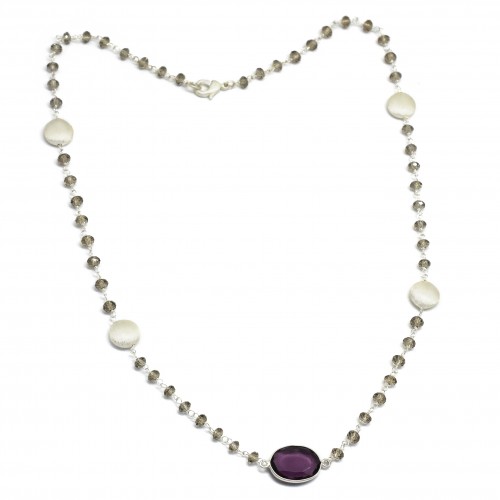 Brass Silver Plated Amethyst, Smoky Gemstone With Round Metal Finding Necklaces- A1N-9008