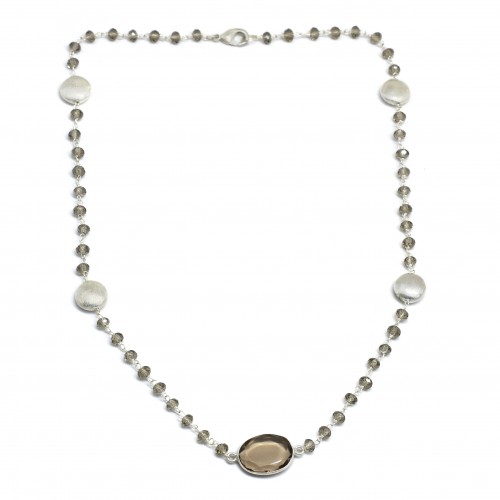 Brass Silver Plated Smoky Gemstone With Round Metal Finding Necklaces- A1N-9008