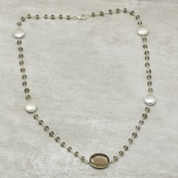 Brass Silver Plated Smoky Gemstone With Round Metal Finding Necklaces- A1N-9008