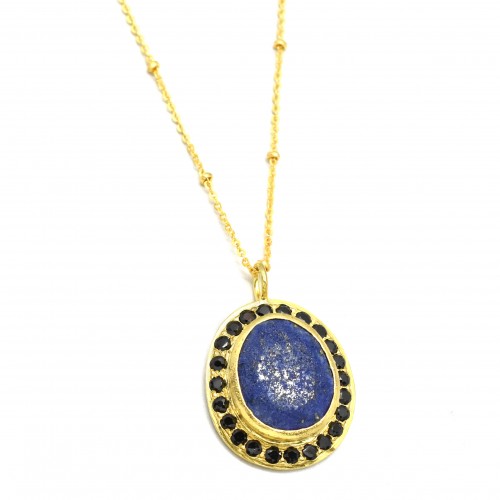 Brass Gold Plated Lapis And Black Diamond Gemstone Pendant Necklace- A1N-90170