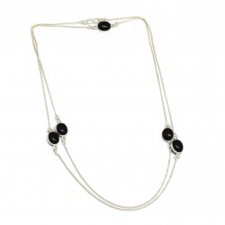 Brass Silver Plated Black Onyx Gemstone With Chain Necklaces- A1N-9023