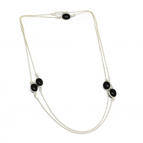 Brass Silver Plated Black Onyx Gemstone With Chain Necklaces- A1N-9023