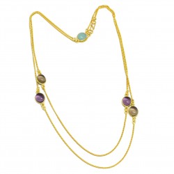 Brass Gold Plated Amethyst, Aqua Chalcedony, Smoky Gemstone With Chain Necklaces- A1N-9023