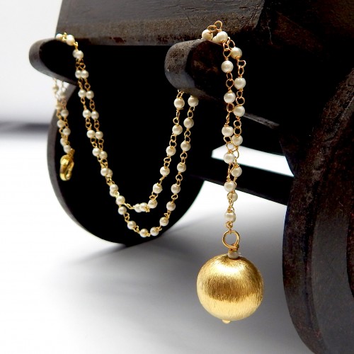 Brass Gold Plated Metal Ball With Pearl Gemstone Pendant Necklaces- A1N-9025