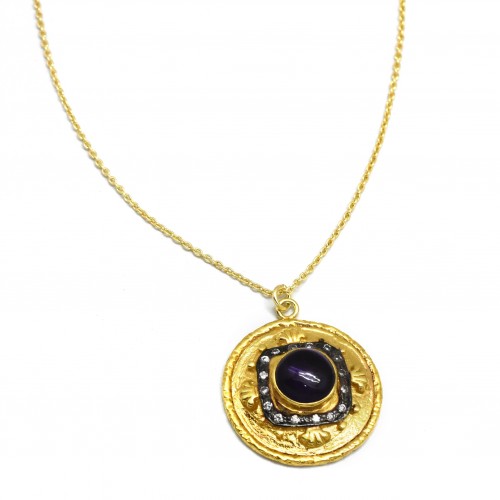 Brass Gold, Black Rhodium Plated White CZ, Amethyst Gemstone Pendant Necklaces- A1N-9032