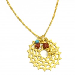 Brass Gold Plated Turquoise, Coral Gemstone With Charms Pendant Necklaces- A1N-9847