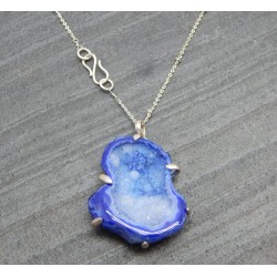 Brass Silver Plated Blue Druzy Gemstone Pendant Necklaces- A1N-9859