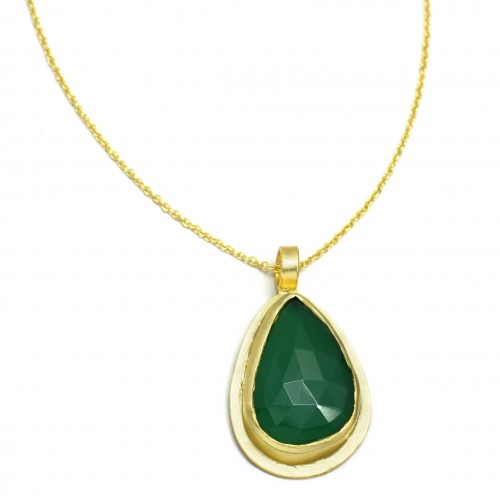 Brass Gold Plated Green Onyx Gemstone Pendant Necklaces- A1N-9912