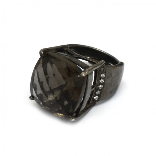 925 Sterling Silver Black Rhodium Plated Smoky, White CZ Gemstone Adjustable Rings- A1R-1485