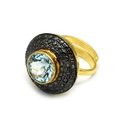 925 Sterling Silver Gold, Black Rhodium Plated Blue Topaz Gemstone Adjustable Rings- A1R-1544