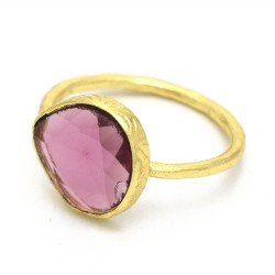 Brass Gold Plated Pink Tourmaline Gemstone Rings- A1R-1812