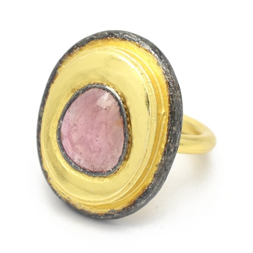 Brass Gold, Black Rhodium Plated Pink Tourmaline Gemstone Rings- A1R-2522