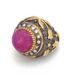 Brass Gold, Black Rhodium Plated Pink Jade Gemstone Rings- A1R-2537