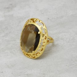 925 Sterling Silver Gold Plated Smoky Gemstone Rings- A1R-2540