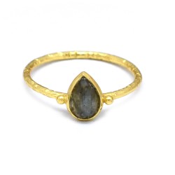 Brass Gold Plated Hammered Metal With Labradorite Gemstone Rings- A1R-380