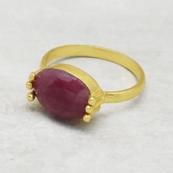925 Sterling Silver Gold Plated Pink Quartz Gemstone Rings- A1R-5105