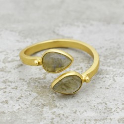 925 Sterling Silver Gold Plated Labradorite Gemstone Adjustable Rings- A1R-5492
