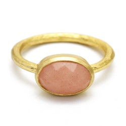 925 Sterling Silver Gold Plated Peach Moon Stone Rings- A1R-8300