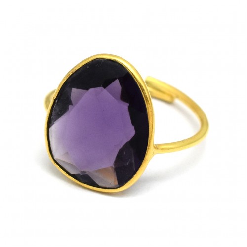 Brass Gold Plated Amethyst Gemstone Adjustable Rings- A1R-90136
