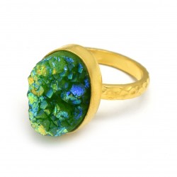 Brass Gold Plated Hammered Metal With Green Druzy Gemstone Rings- A1R-9684