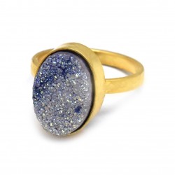 Brass Gold Plated Hammered Metal With Light Blue Druzy Gemstone Rings- A1R-9684