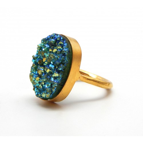 Brass Gold Plated Blue Druzy Gemstone Rings- A1R-9684