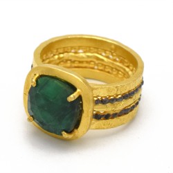 Brass Gold, Black Rhodium Plated Emerald Gemstone Rings- A1R-9824