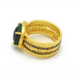 Brass Gold, Black Rhodium Plated Emerald Gemstone Rings- A1R-9824