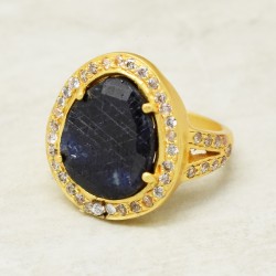 Brass Gold Plated Blue Sapphire, White Zircon Gemstone Rings- CDR-1156