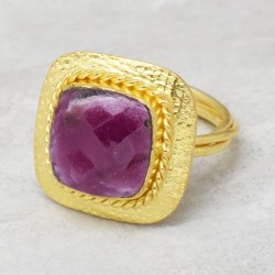 Brass Gold Plated Pink Quartz Gemstone Rings- CDR-2418