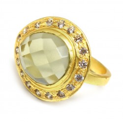 Brass Gold Plated Green Amethyst, White CZ Gemstone Rings- CDR-2441
