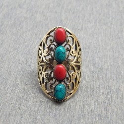 Brass Gold Plated Turquoise, Coral Gemstone Rings- CDR-2621